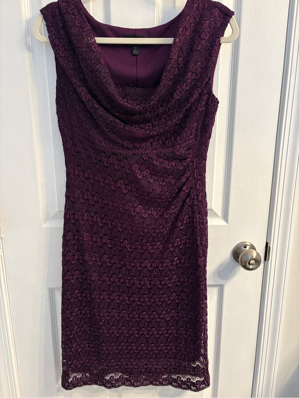 connected apparel Lace Cowl Neck Sheath Dress in Plum